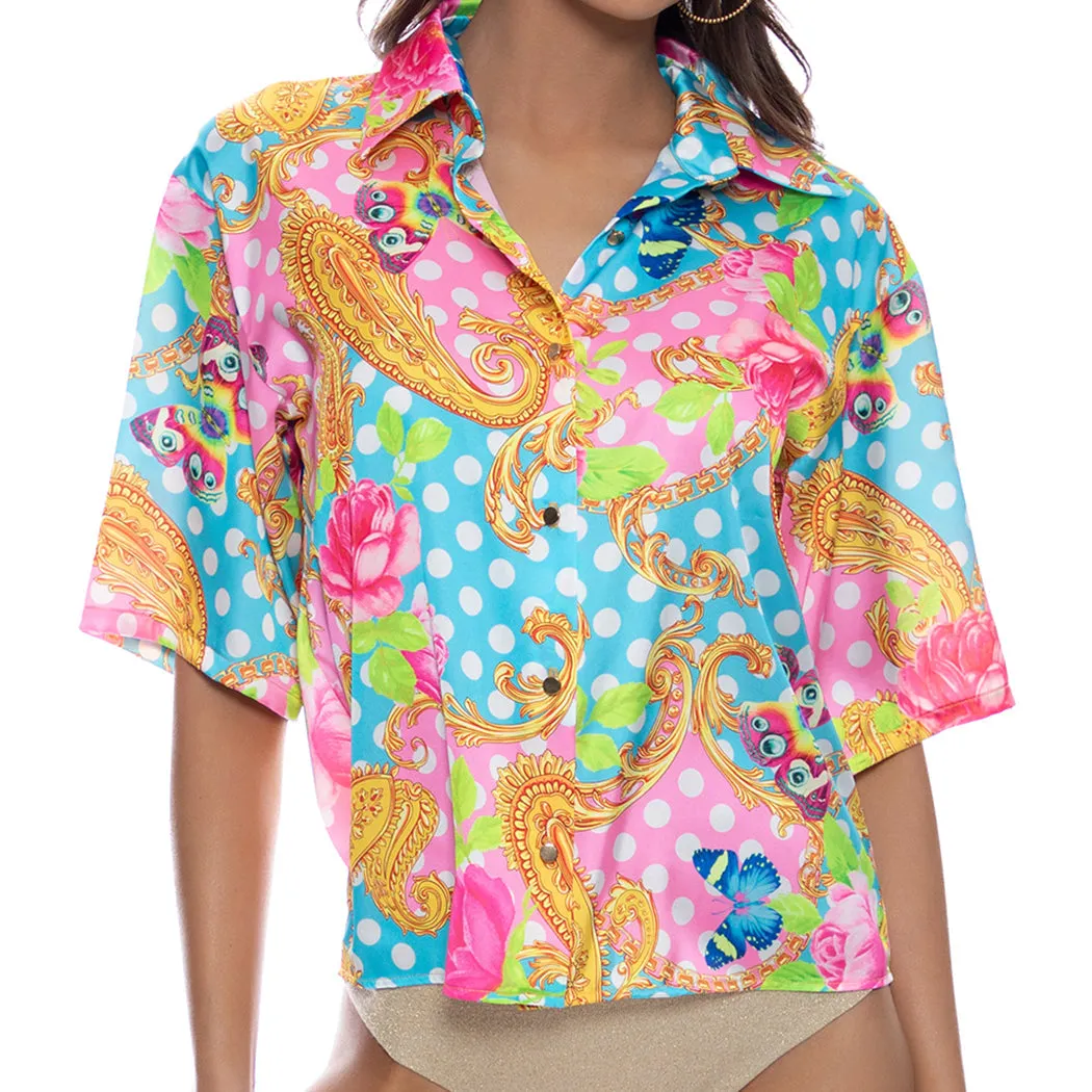 SHE'S CUTE - Collared 3/4 Sleeve Button Up Shirt