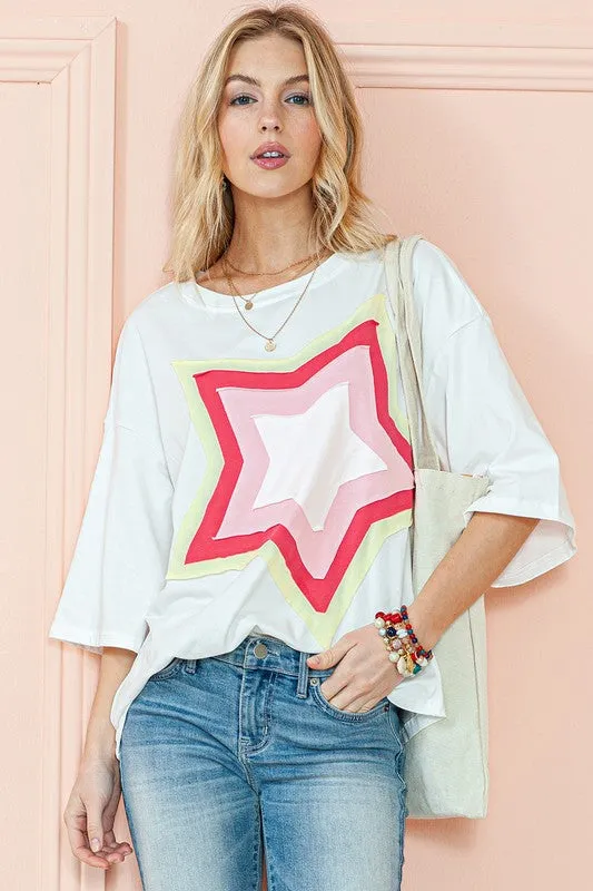 SHEWIN INC. Colorblock Star Patched Half Sleeve Oversized Tee