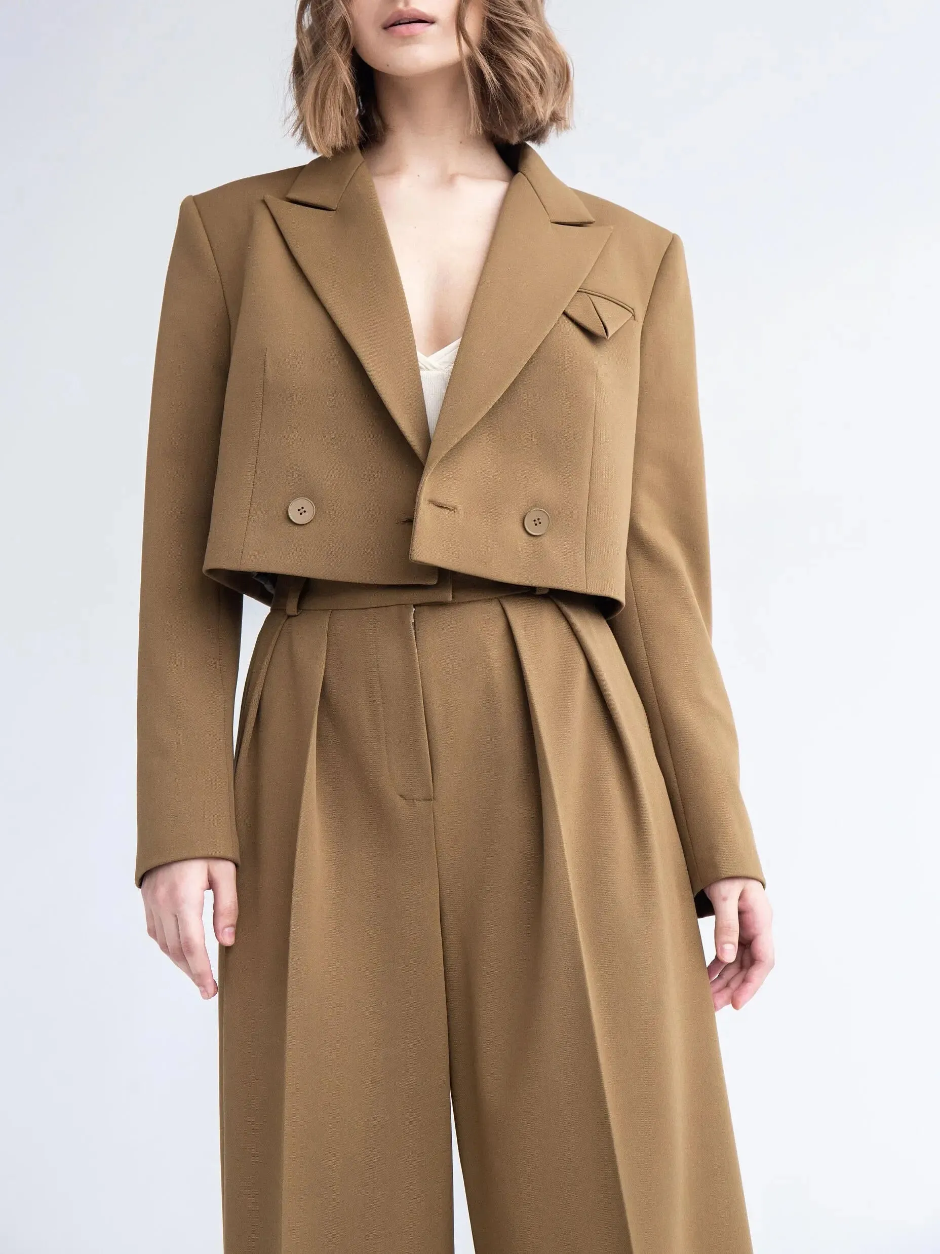 Short Blazer  High Waist Pants Set - Solid Color Outfit