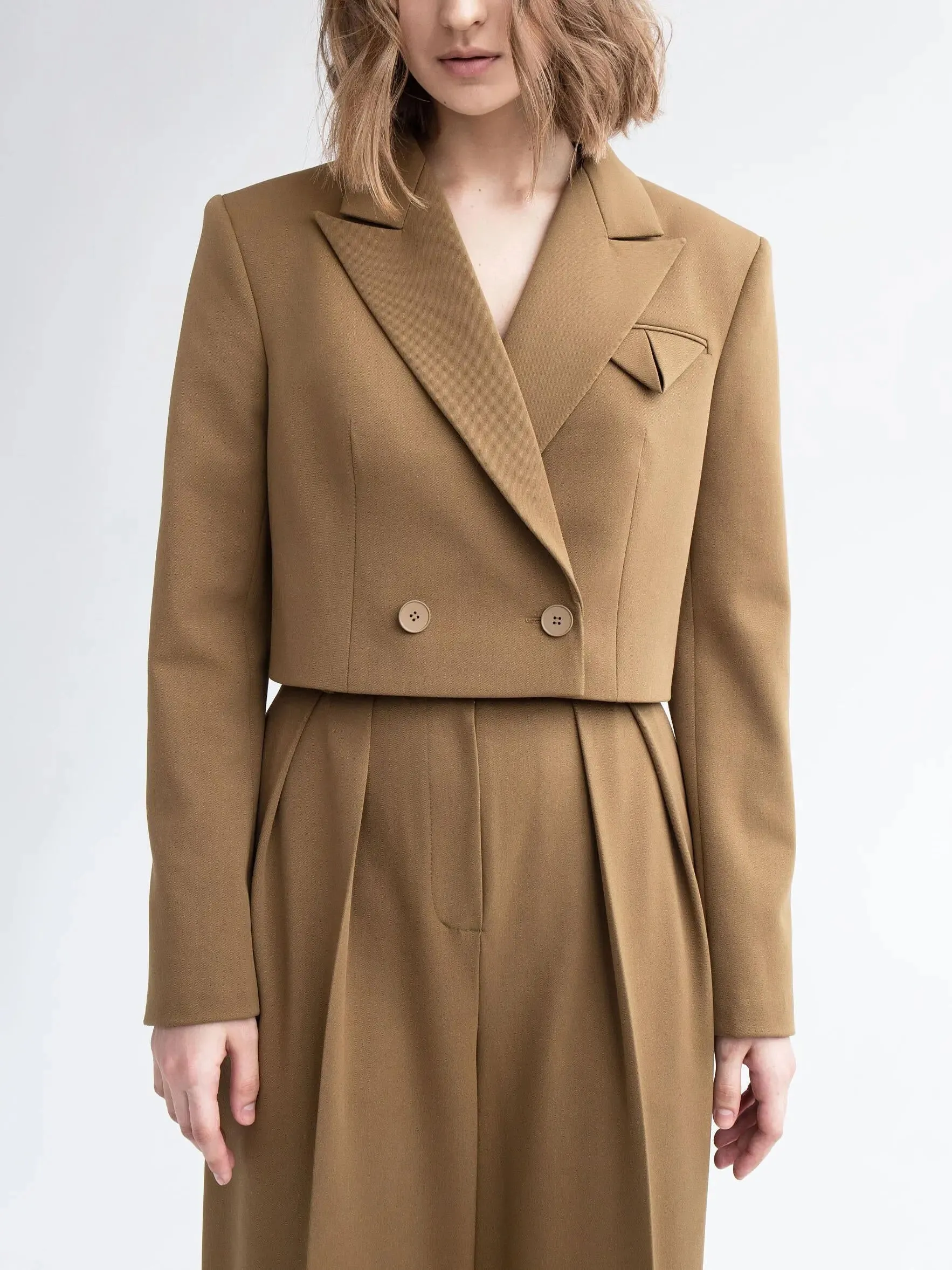 Short Blazer  High Waist Pants Set - Solid Color Outfit