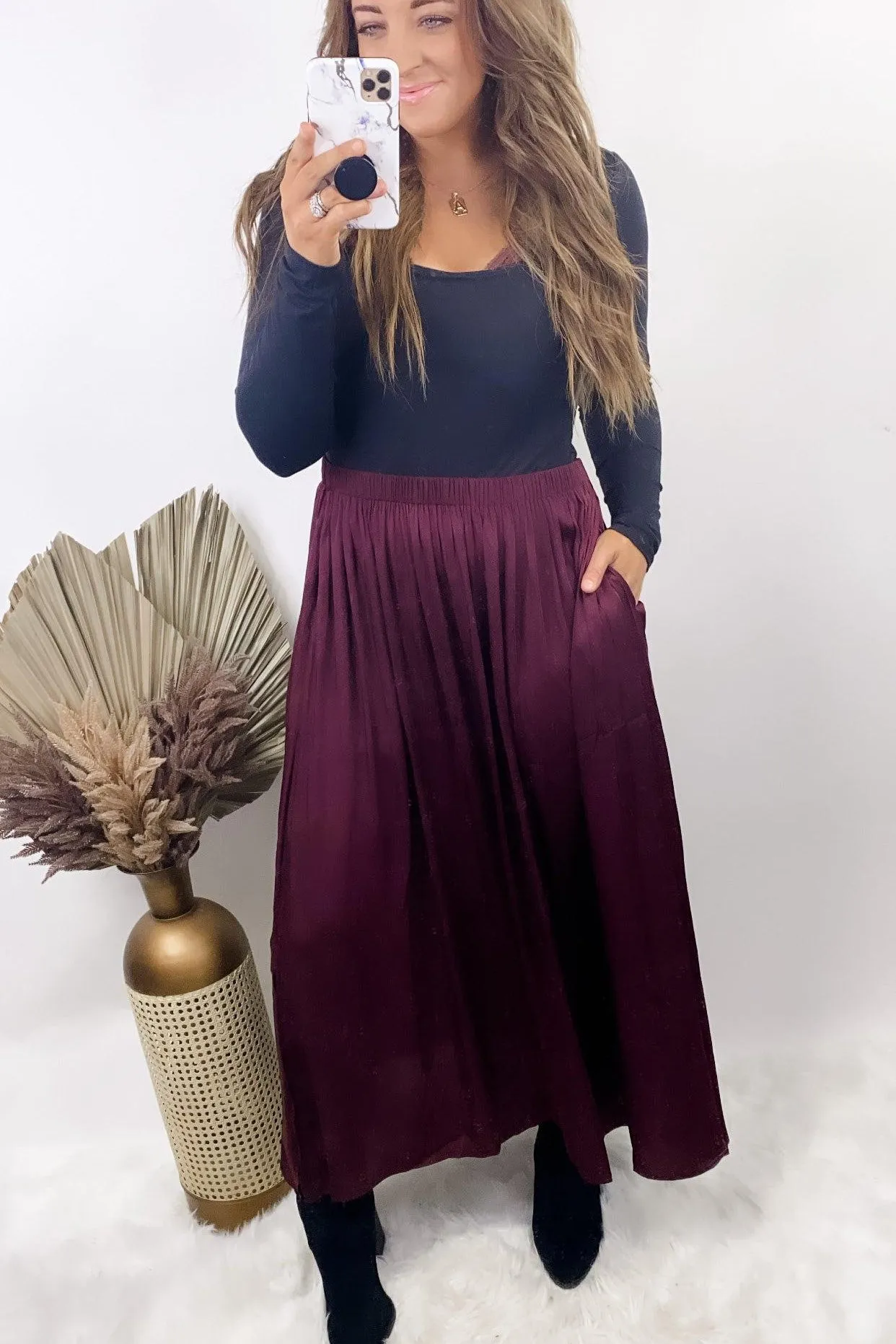 Side Hustle- {Burgundy & Salmon} Maxi Skirt w/ Side Slits & Pockets