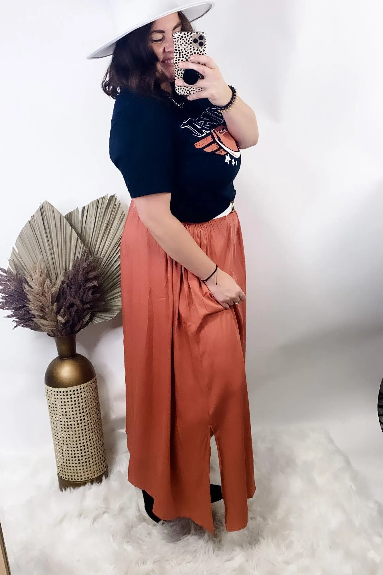 Side Hustle- {Burgundy & Salmon} Maxi Skirt w/ Side Slits & Pockets