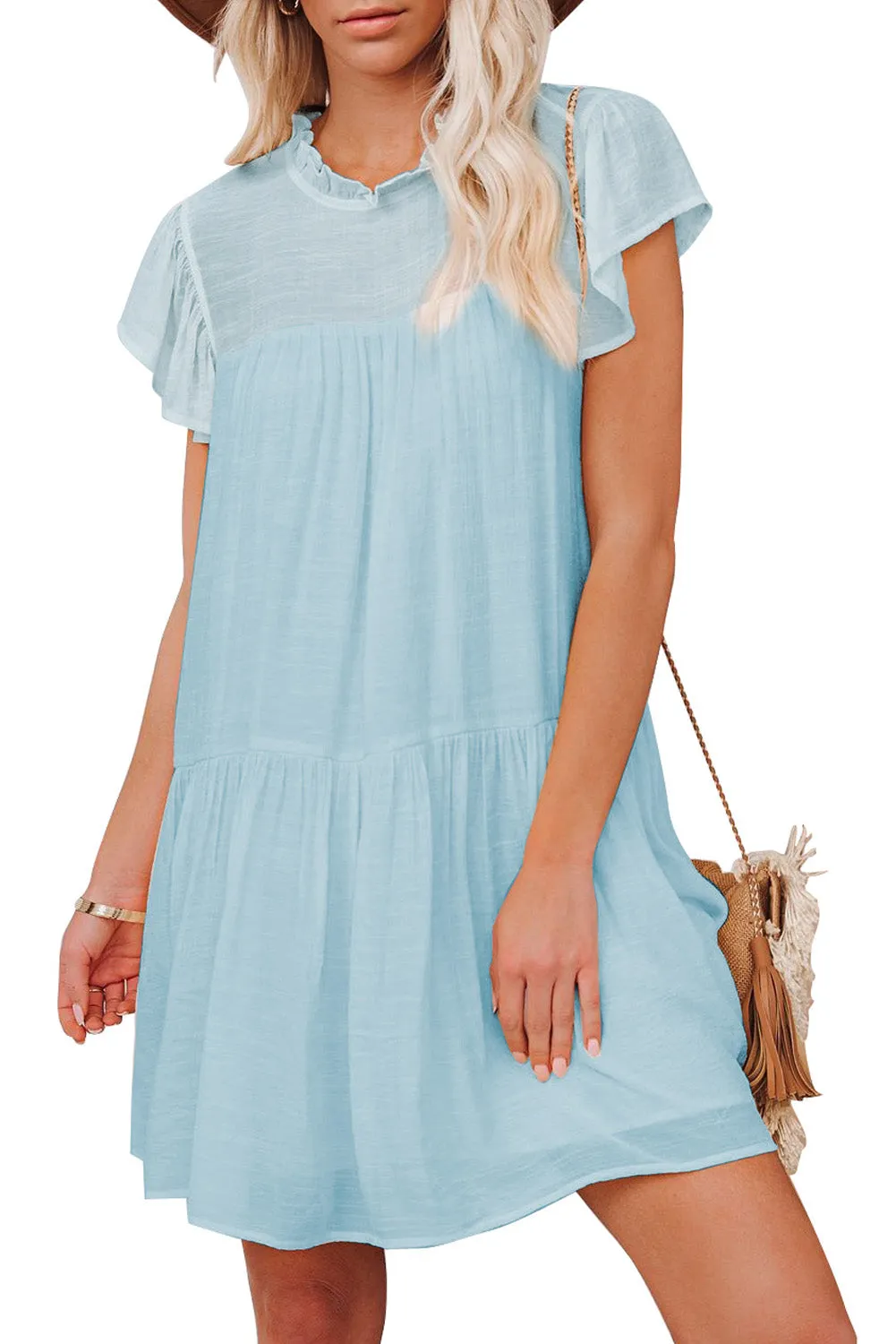 Sky Blue Frilled Neck Ruffle Swing Mini Dress with Pockets