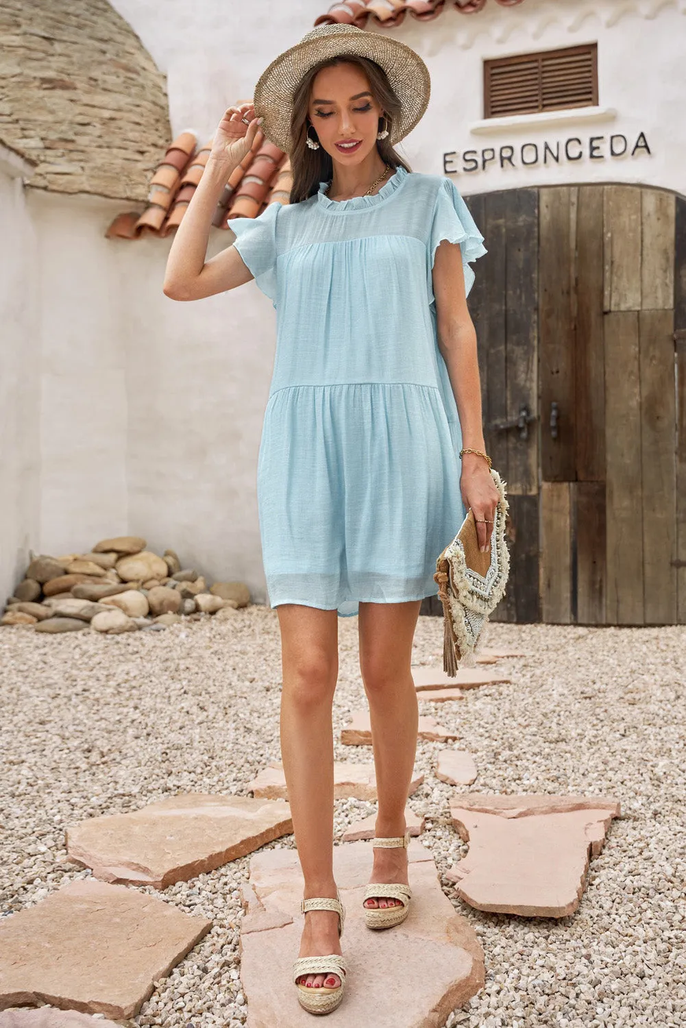 Sky Blue Frilled Neck Ruffle Swing Mini Dress with Pockets