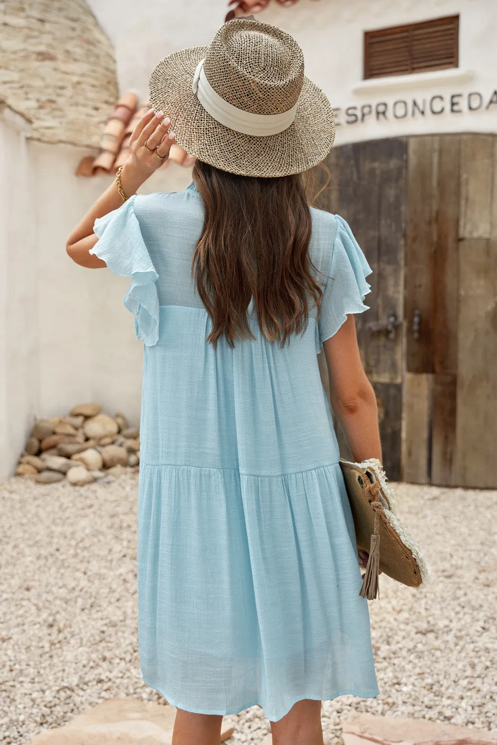 Sky Blue Frilled Neck Ruffle Swing Mini Dress with Pockets
