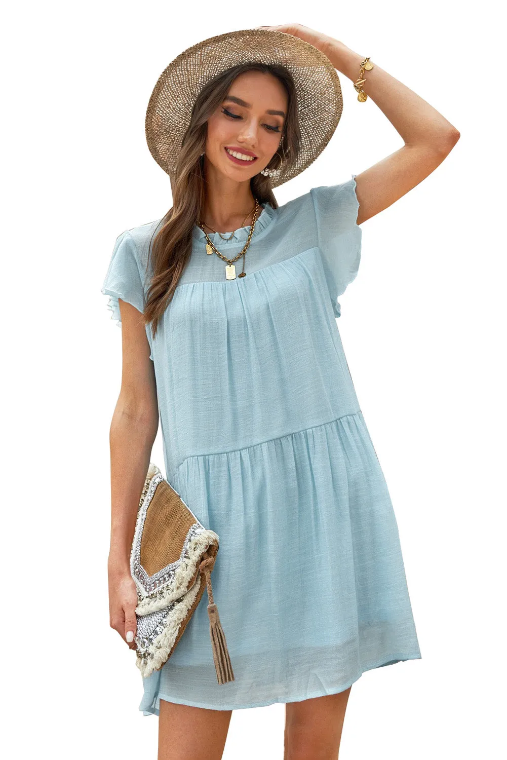 Sky Blue Frilled Neck Ruffle Swing Mini Dress with Pockets