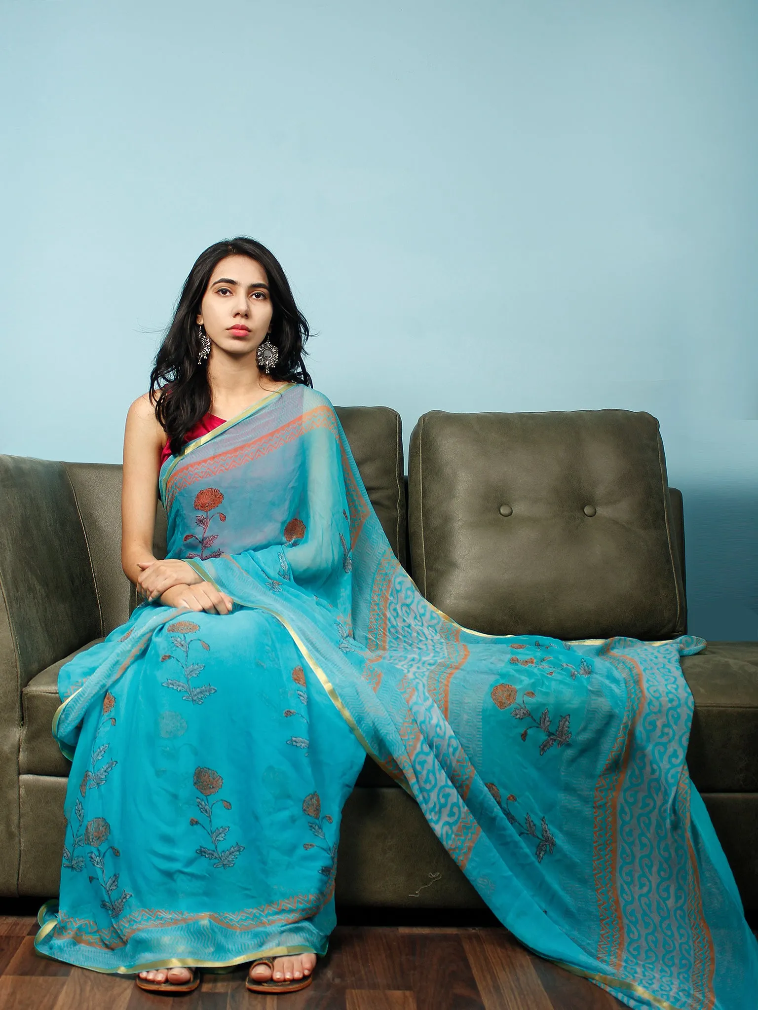 Sky Blue Rust Hand Block Printed Chiffon Saree with Zari Border - S031703375