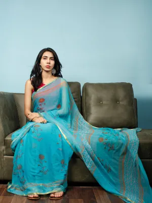 Sky Blue Rust Hand Block Printed Chiffon Saree with Zari Border - S031703375