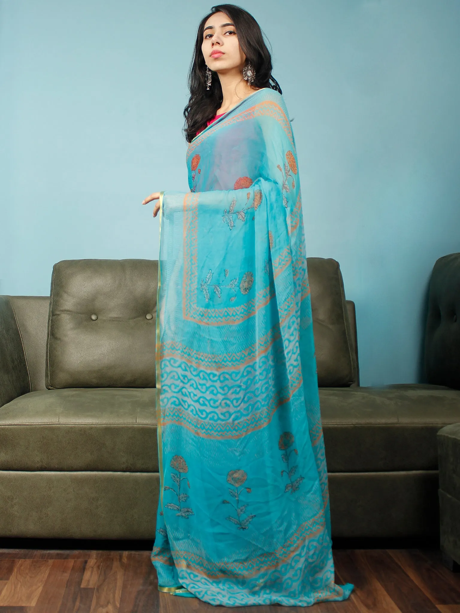 Sky Blue Rust Hand Block Printed Chiffon Saree with Zari Border - S031703375