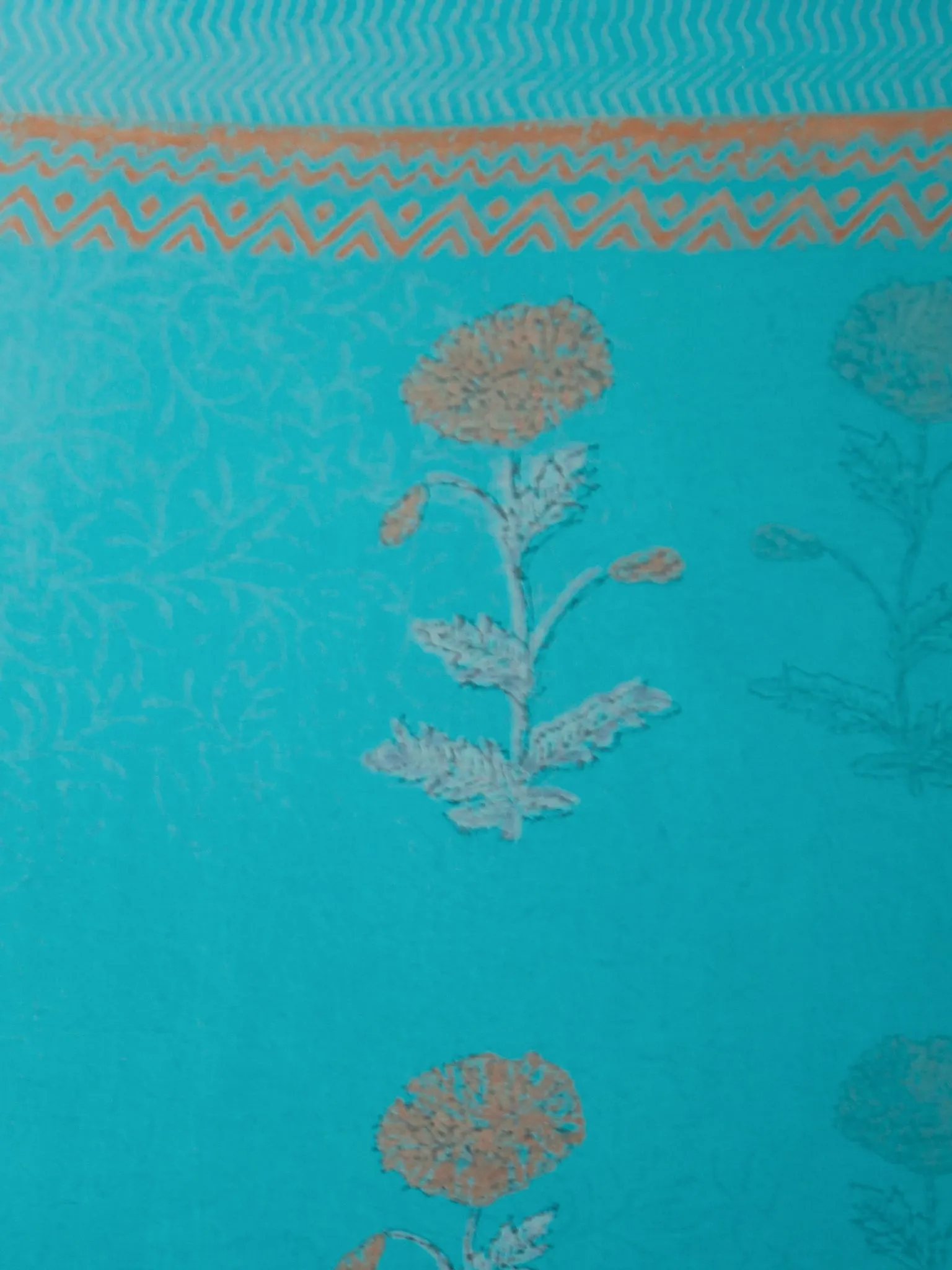 Sky Blue Rust Hand Block Printed Chiffon Saree with Zari Border - S031703375