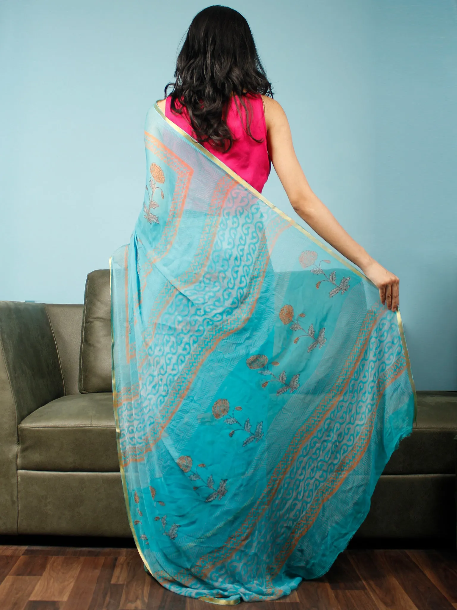 Sky Blue Rust Hand Block Printed Chiffon Saree with Zari Border - S031703375