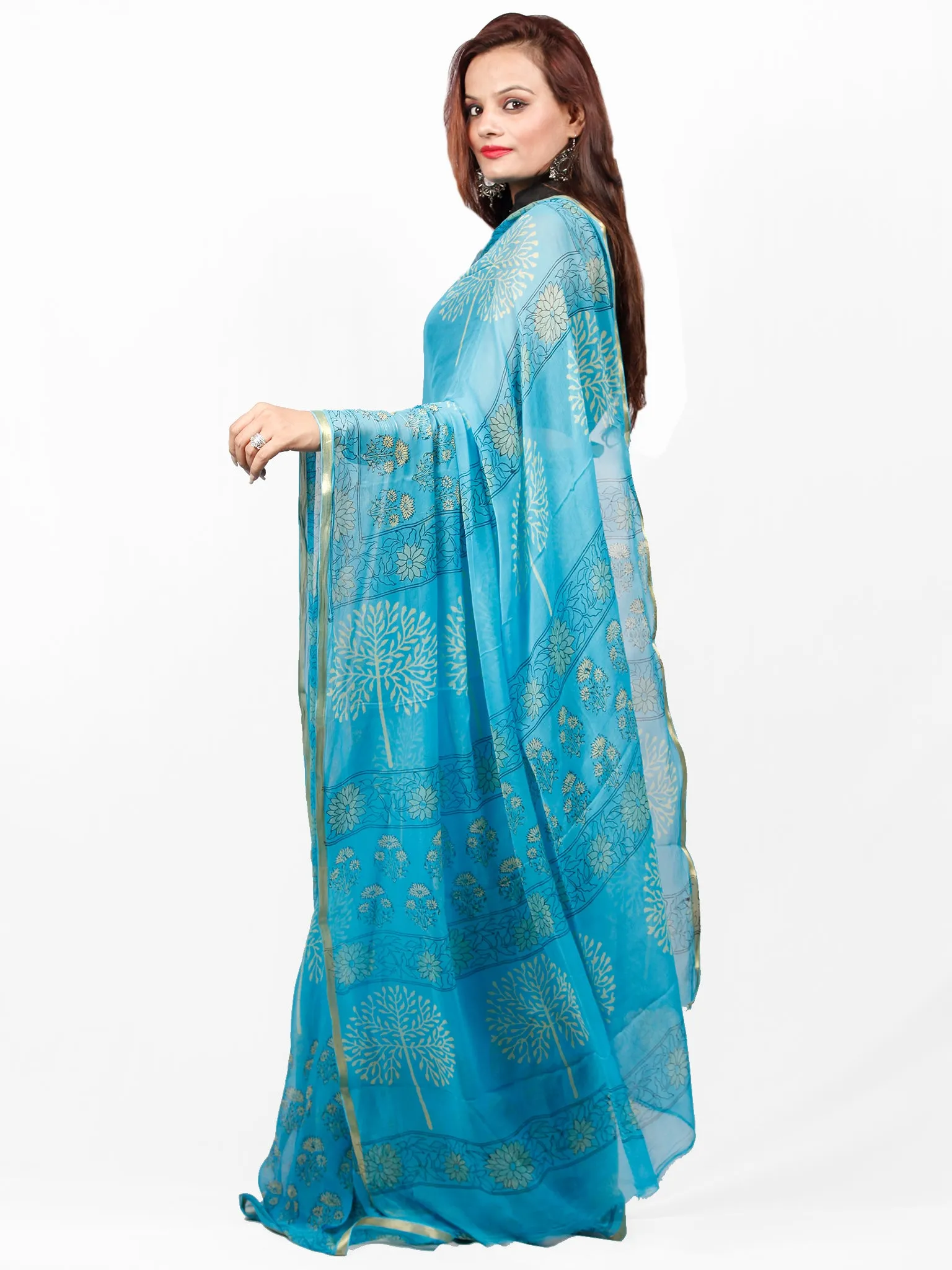 Sky Blue Yellow Hand Block Printed Chiffon Saree with Zari Border - S031703412