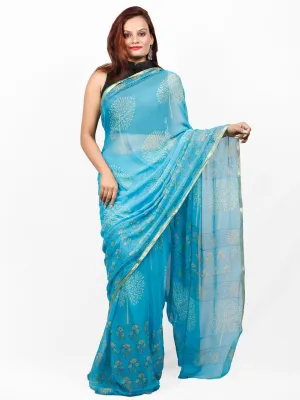 Sky Blue Yellow Hand Block Printed Chiffon Saree with Zari Border - S031703412