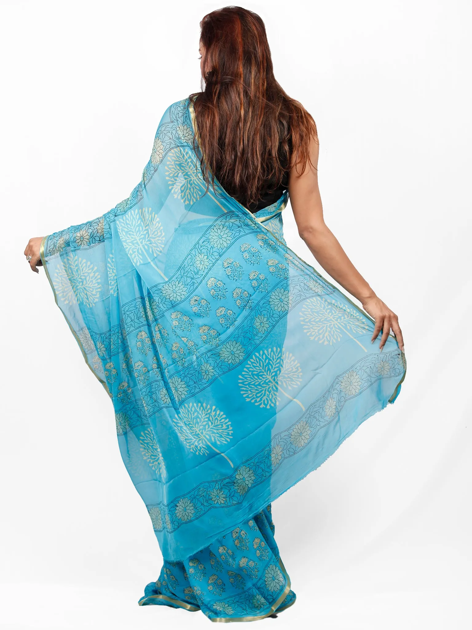 Sky Blue Yellow Hand Block Printed Chiffon Saree with Zari Border - S031703412