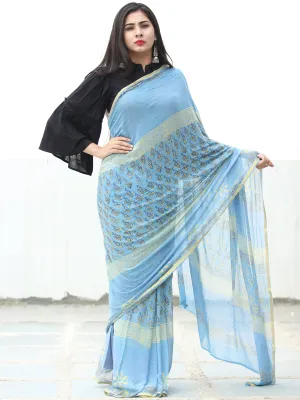 Sky Blue Yellow Hand Block Printed Chiffon Saree with Zari Border - S031703946