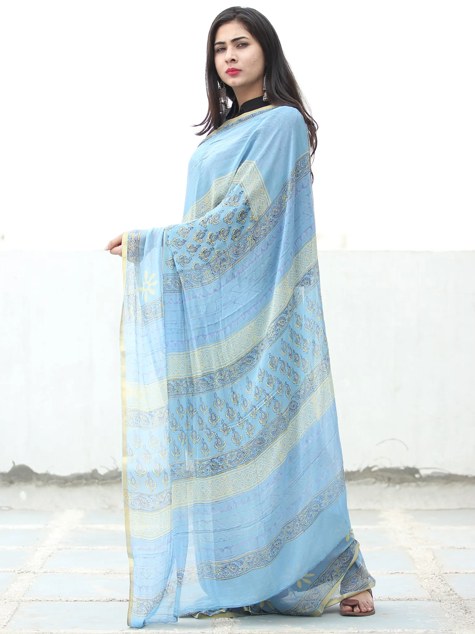 Sky Blue Yellow Hand Block Printed Chiffon Saree with Zari Border - S031703946