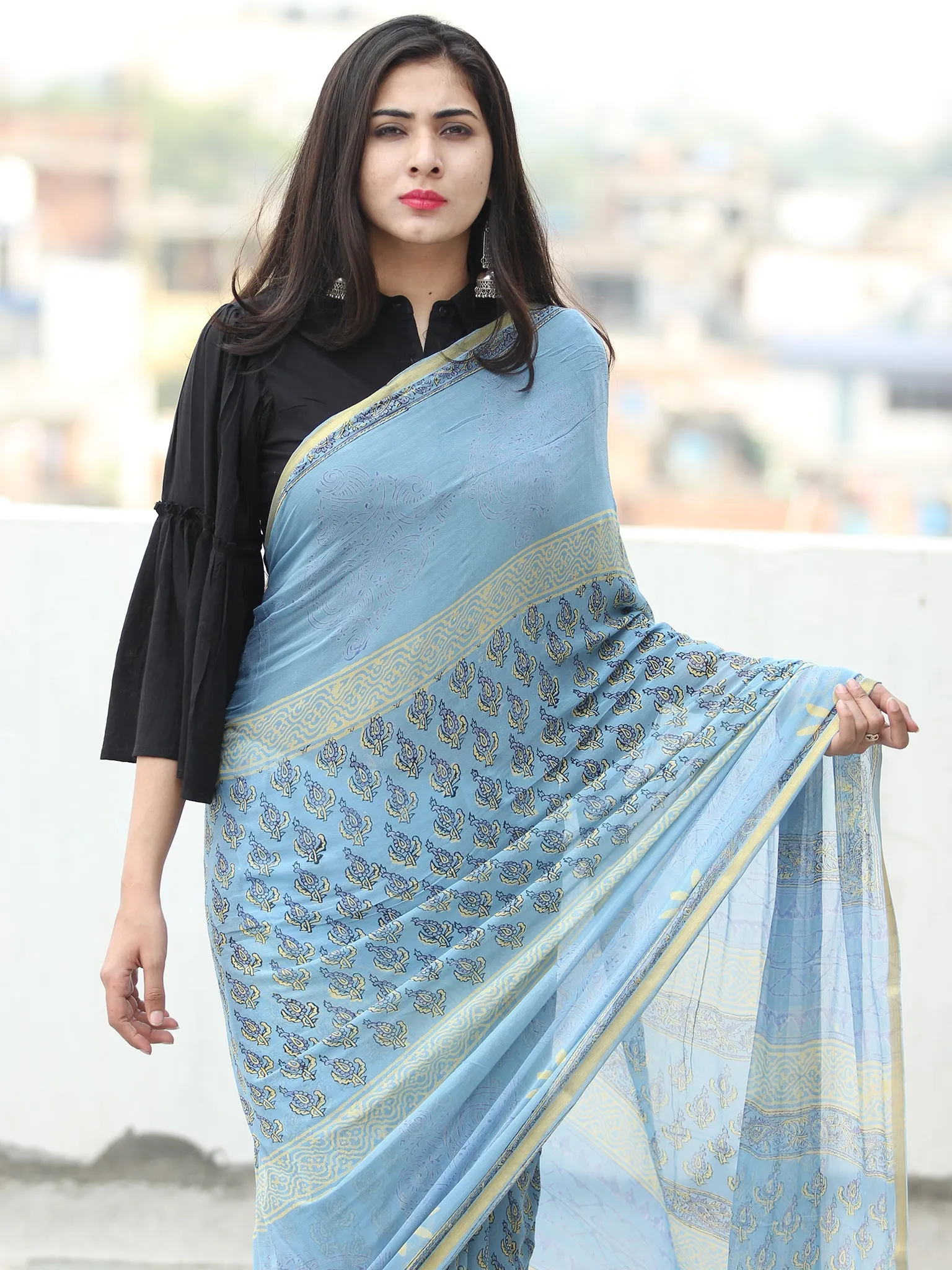 Sky Blue Yellow Hand Block Printed Chiffon Saree with Zari Border - S031703946