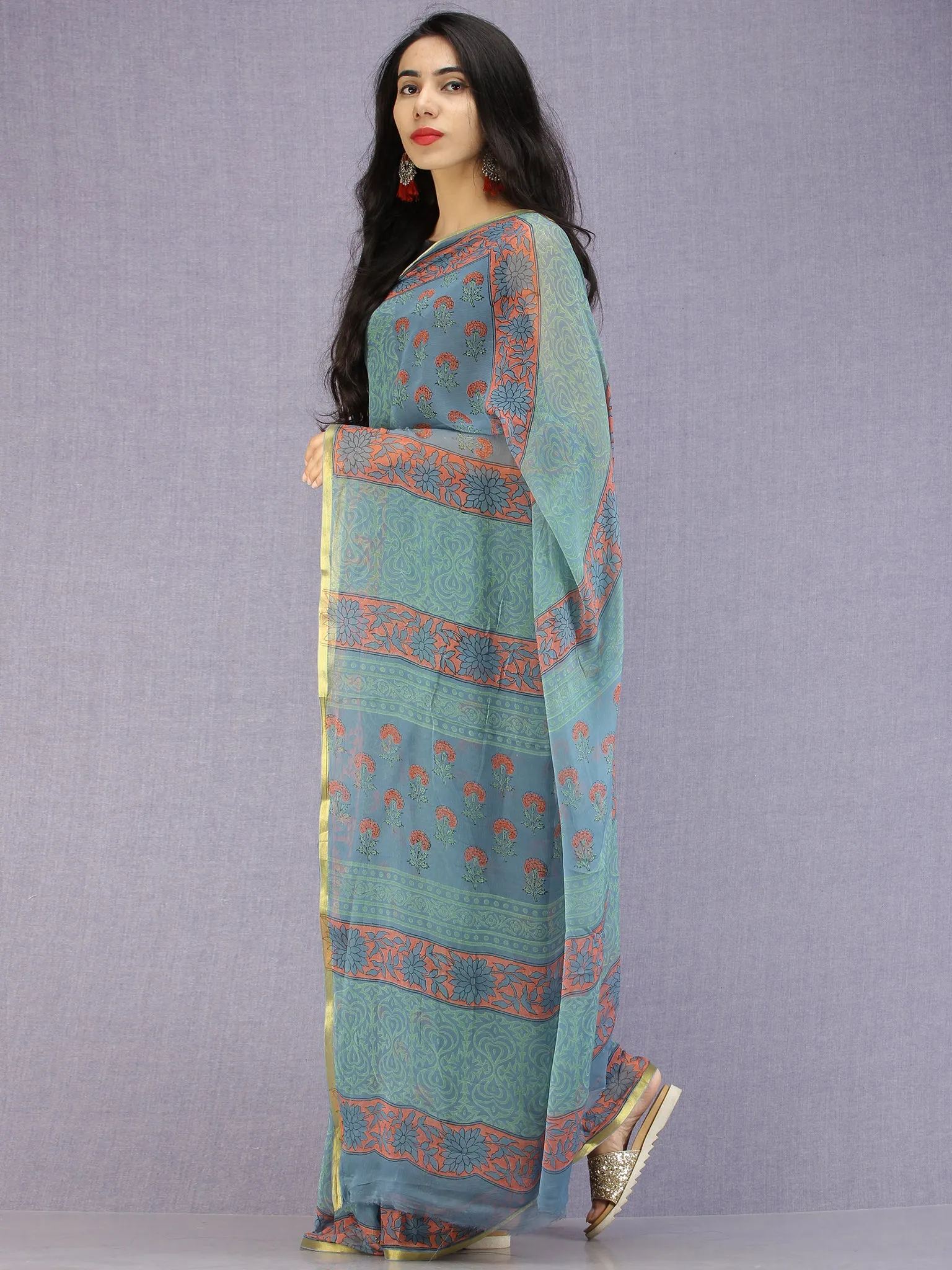 Steel Blue Coral Green Hand Block Printed Chiffon Saree with Zari Border - S031704593