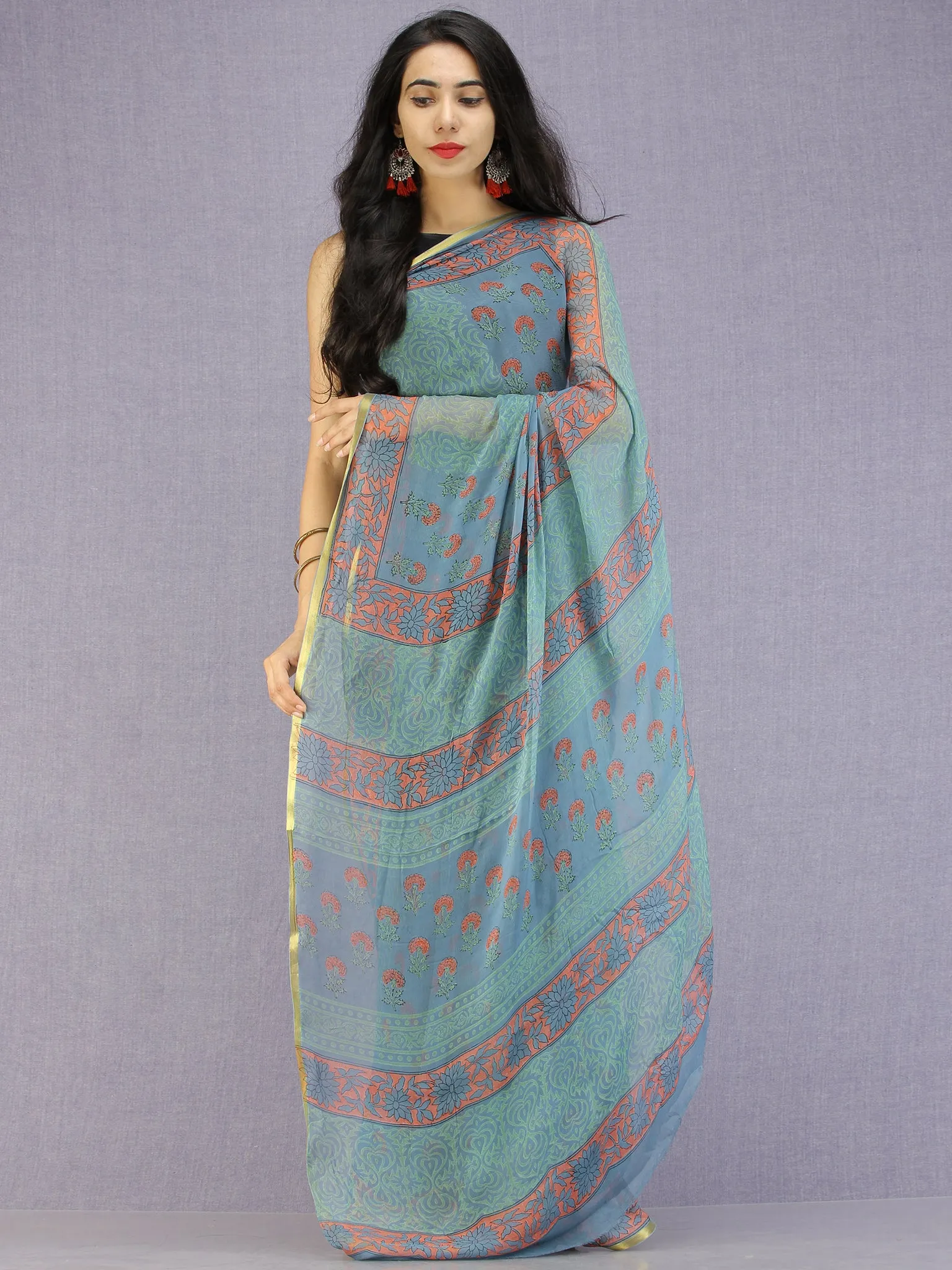 Steel Blue Coral Green Hand Block Printed Chiffon Saree with Zari Border - S031704593