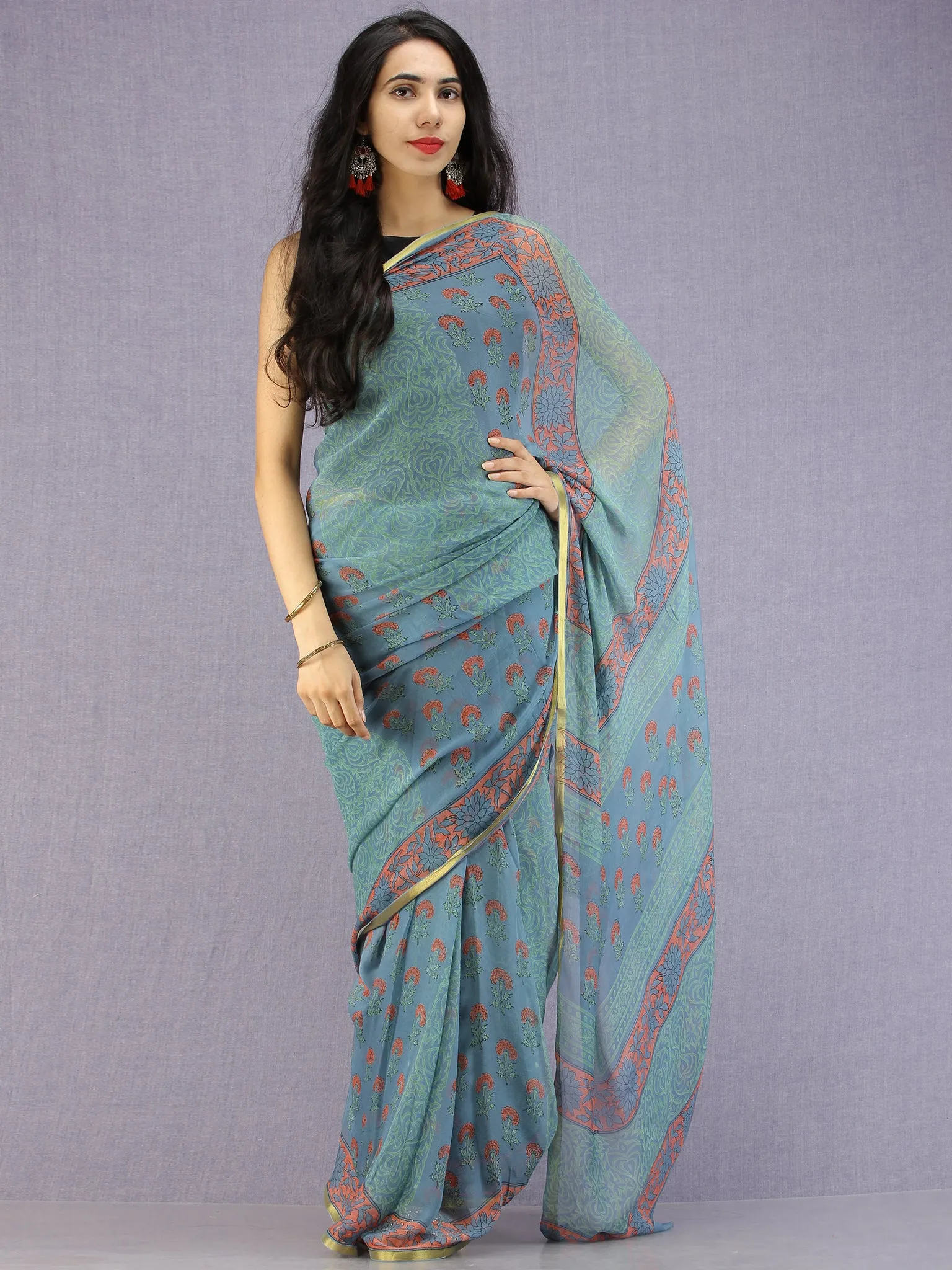 Steel Blue Coral Green Hand Block Printed Chiffon Saree with Zari Border - S031704593