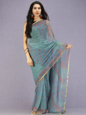 Steel Blue Coral Green Hand Block Printed Chiffon Saree with Zari Border - S031704593