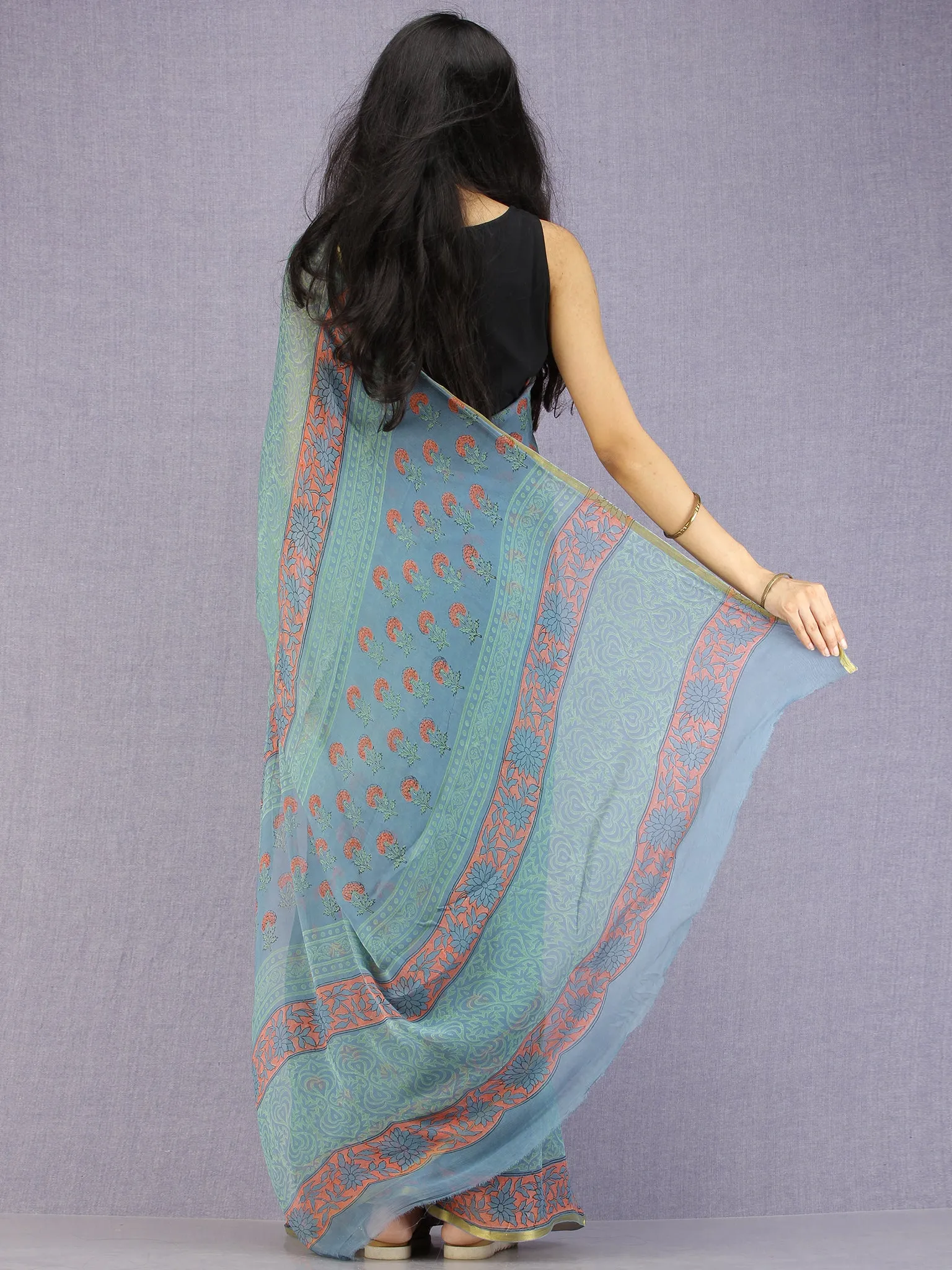 Steel Blue Coral Green Hand Block Printed Chiffon Saree with Zari Border - S031704593