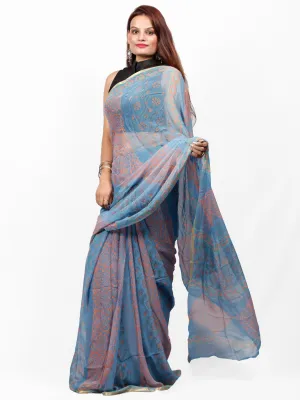Steel Blue Coral Hand Block Printed Chiffon Saree with Zari Border - S031703415