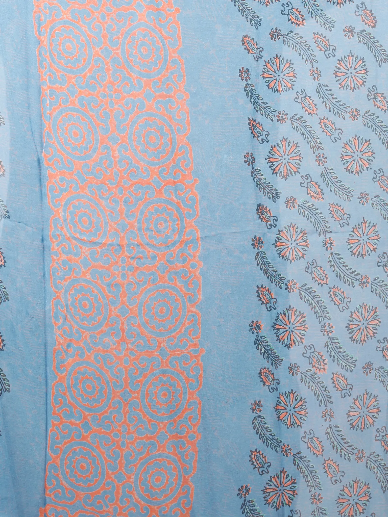 Steel Blue Coral Hand Block Printed Chiffon Saree with Zari Border - S031703415