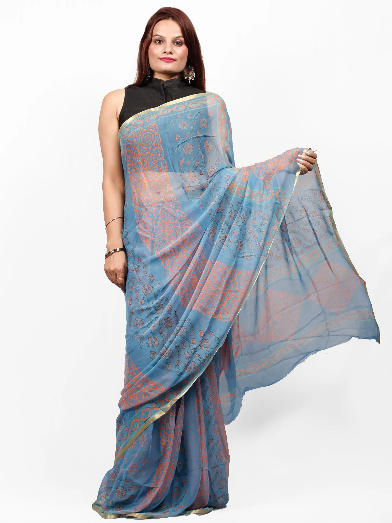 Steel Blue Coral Hand Block Printed Chiffon Saree with Zari Border - S031703415