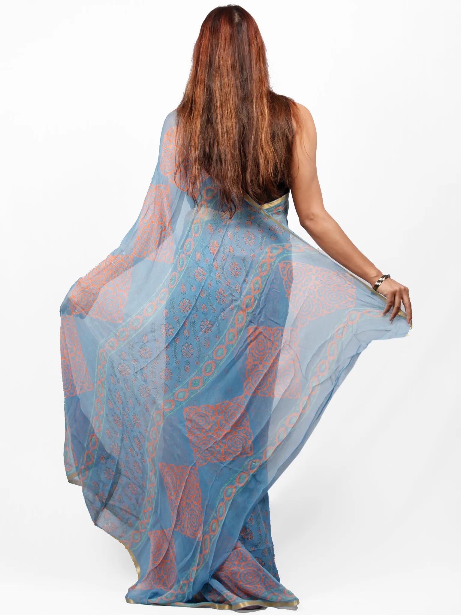 Steel Blue Coral Hand Block Printed Chiffon Saree with Zari Border - S031703415