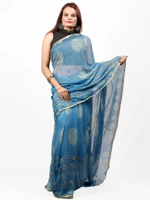 Steel Blue Yellow Hand Block Printed Chiffon Saree with Zari Border - S031703433