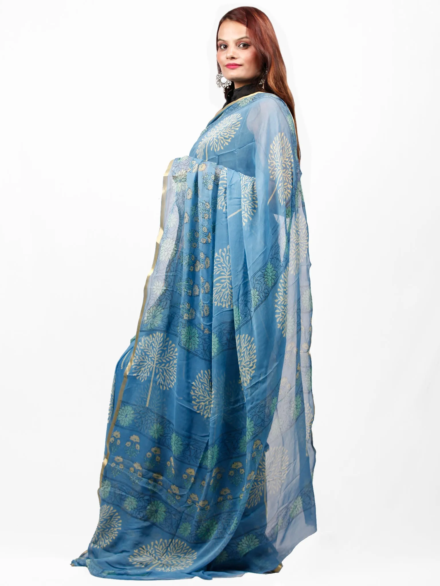 Steel Blue Yellow Hand Block Printed Chiffon Saree with Zari Border - S031703433