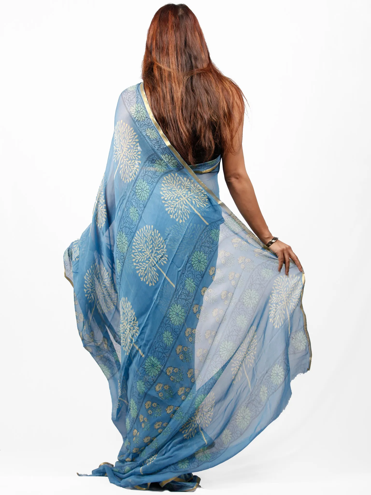 Steel Blue Yellow Hand Block Printed Chiffon Saree with Zari Border - S031703433