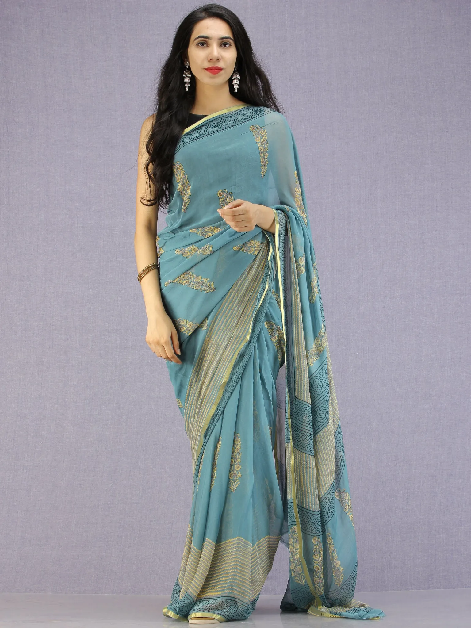 Steel Blue Yellow Hand Block Printed Chiffon Saree with Zari Border - S031704597