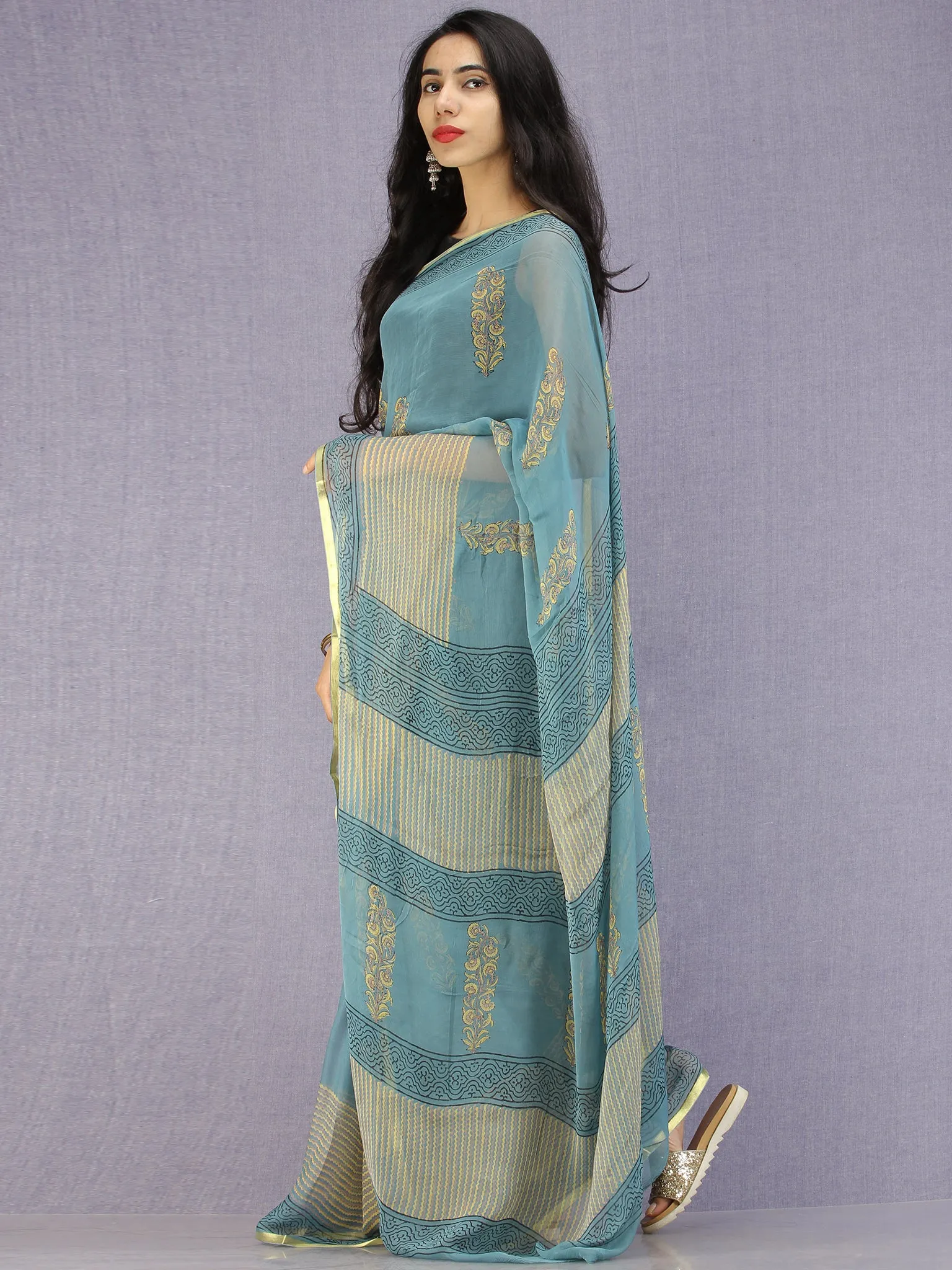 Steel Blue Yellow Hand Block Printed Chiffon Saree with Zari Border - S031704597
