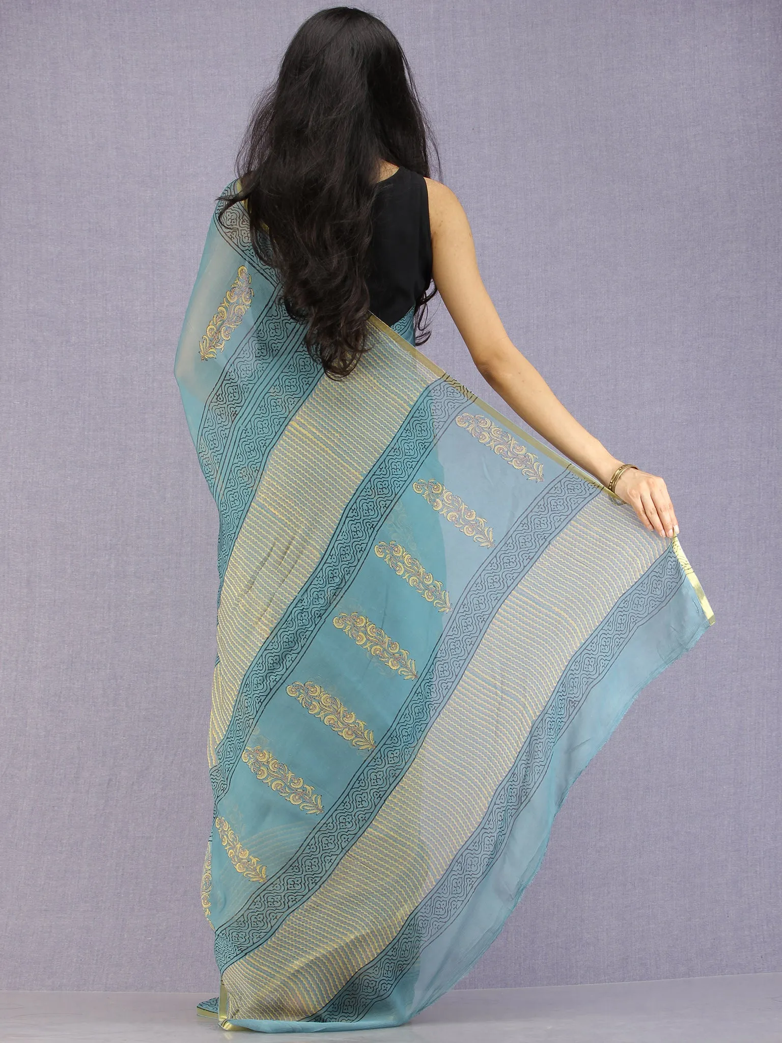 Steel Blue Yellow Hand Block Printed Chiffon Saree with Zari Border - S031704597