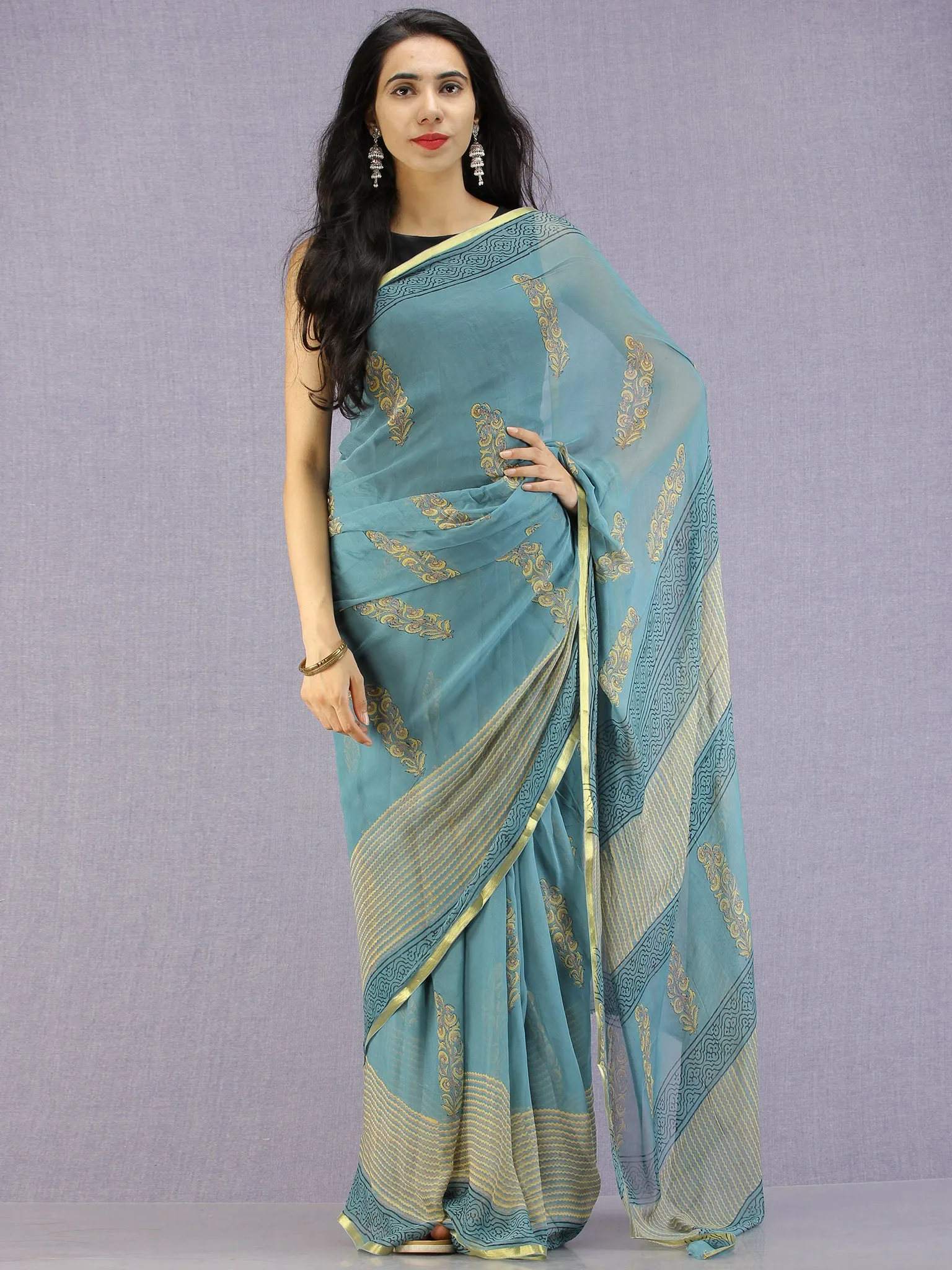 Steel Blue Yellow Hand Block Printed Chiffon Saree with Zari Border - S031704597