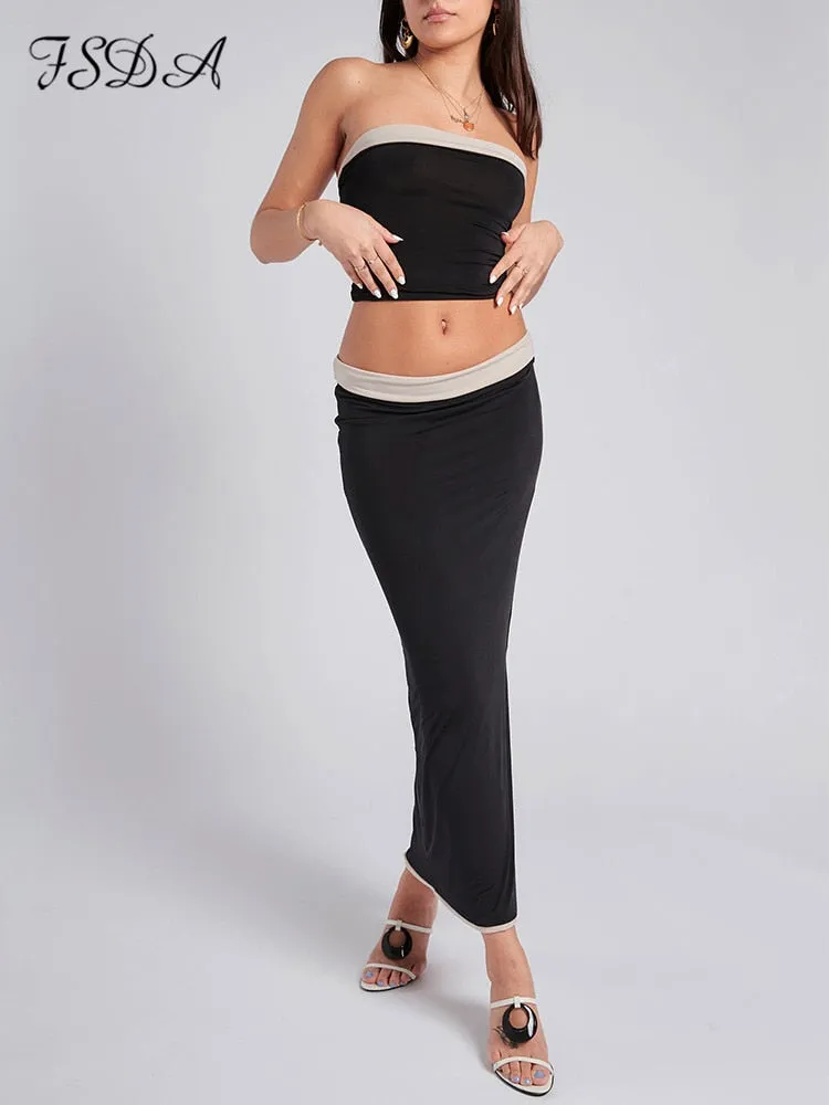Strapless Crop Top And Midi Bodycon Skirt Set