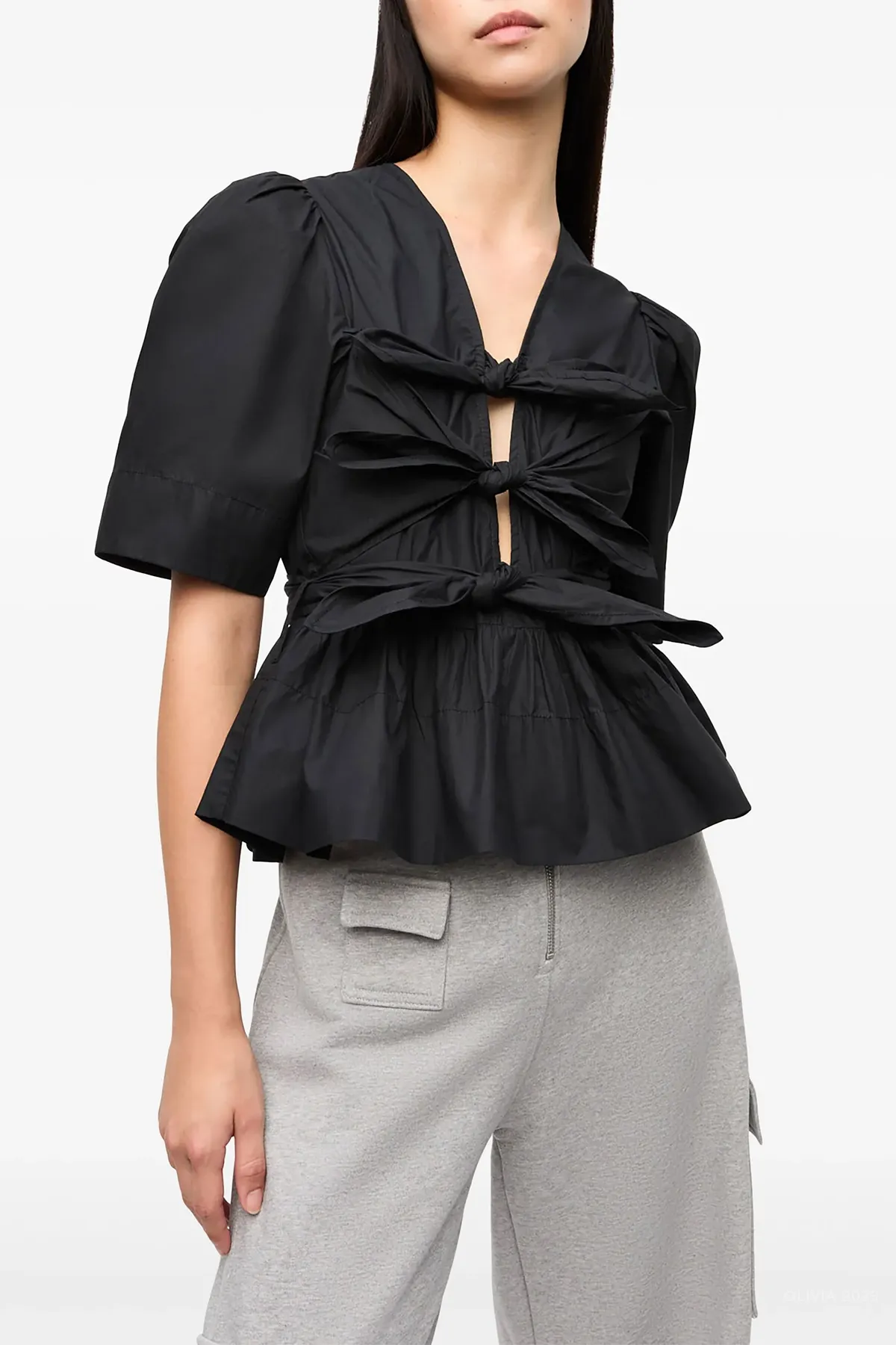 Stretch Cotton Tie Strap Blouse in Black