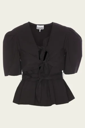 Stretch Cotton Tie Strap Blouse in Black