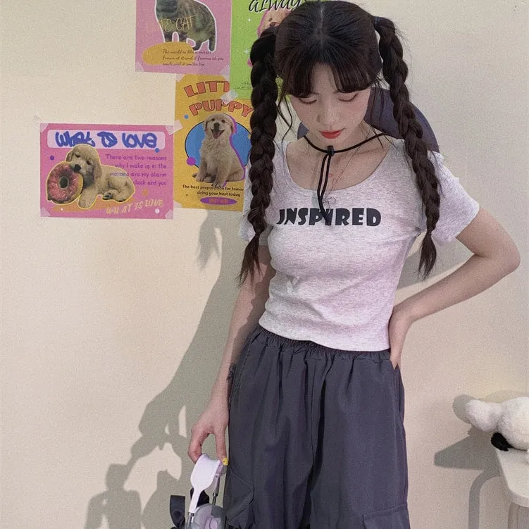 Sweet Soft Girl Style All-match Gray Slim T-shirt