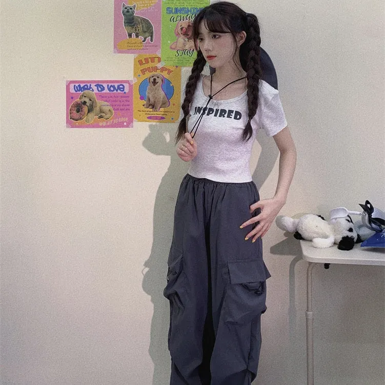 Sweet Soft Girl Style All-match Gray Slim T-shirt