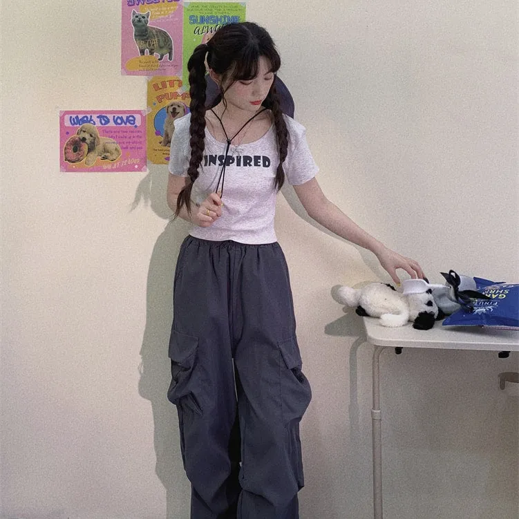 Sweet Soft Girl Style All-match Gray Slim T-shirt