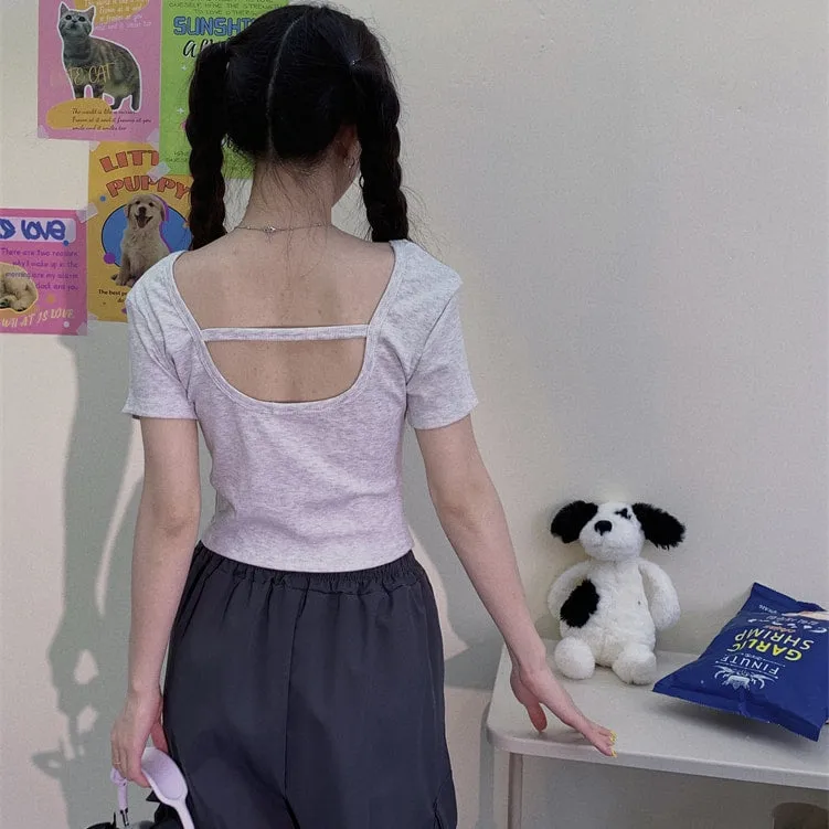 Sweet Soft Girl Style All-match Gray Slim T-shirt