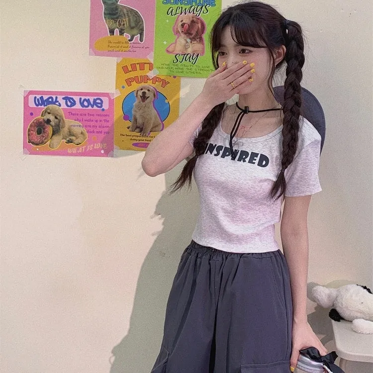 Sweet Soft Girl Style All-match Gray Slim T-shirt