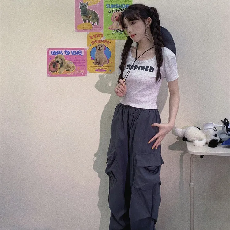 Sweet Soft Girl Style All-match Gray Slim T-shirt