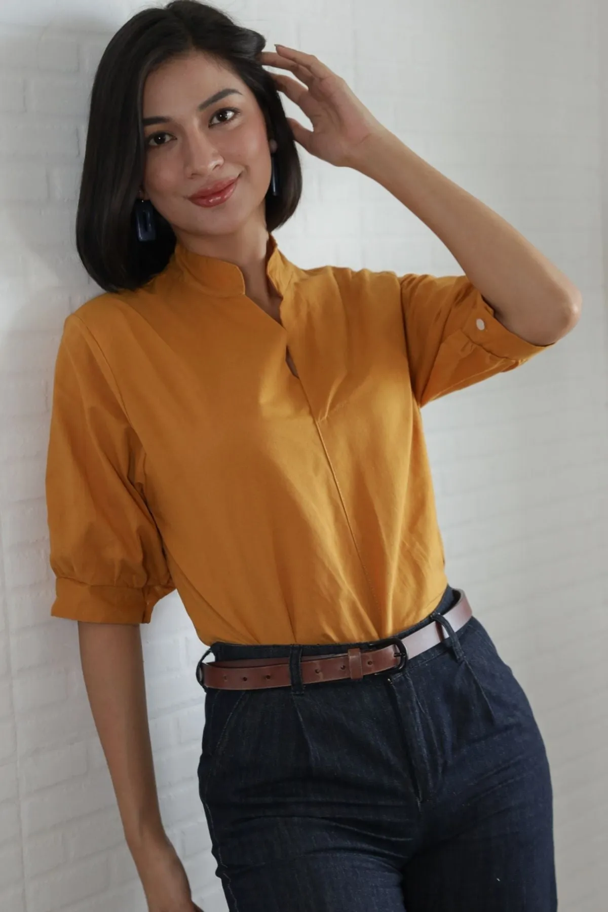 TAYLOR Relaxed Mandarin Collar Top (Saffron Yellow)