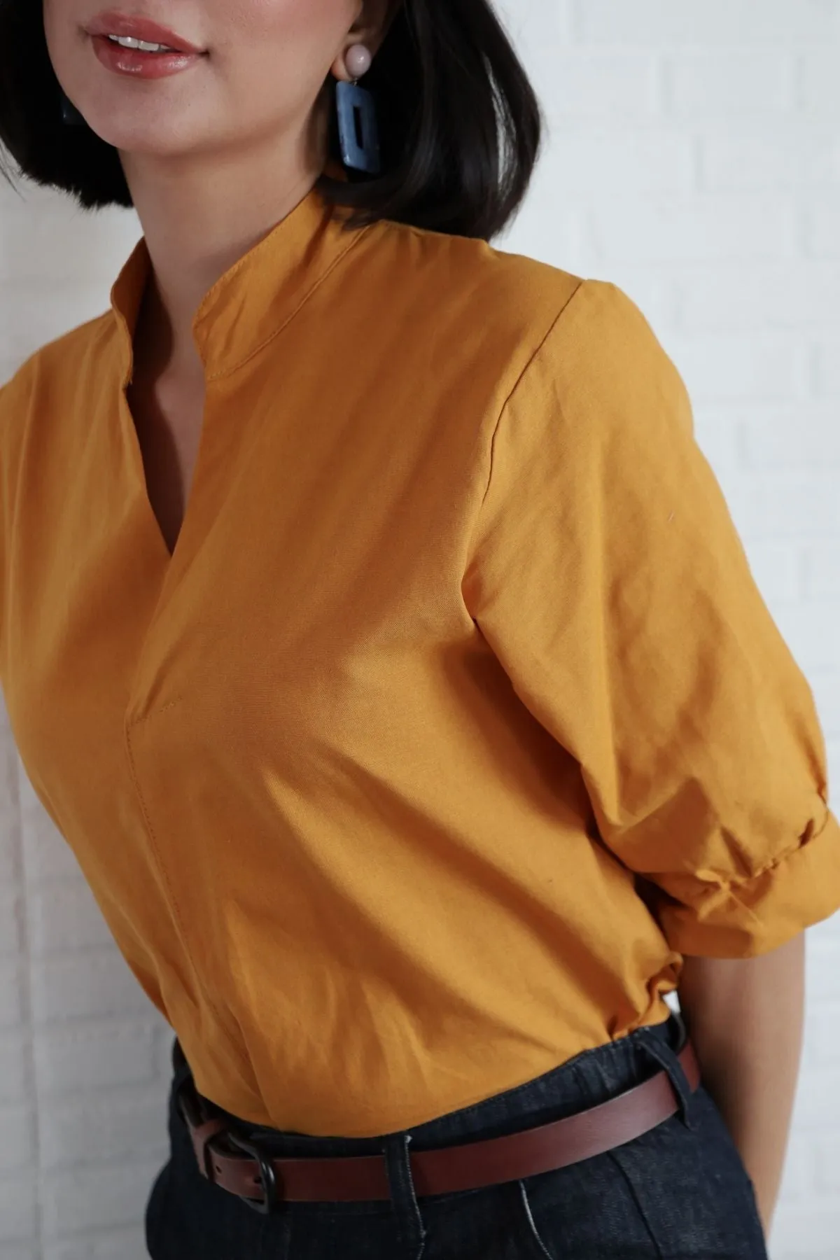 TAYLOR Relaxed Mandarin Collar Top (Saffron Yellow)