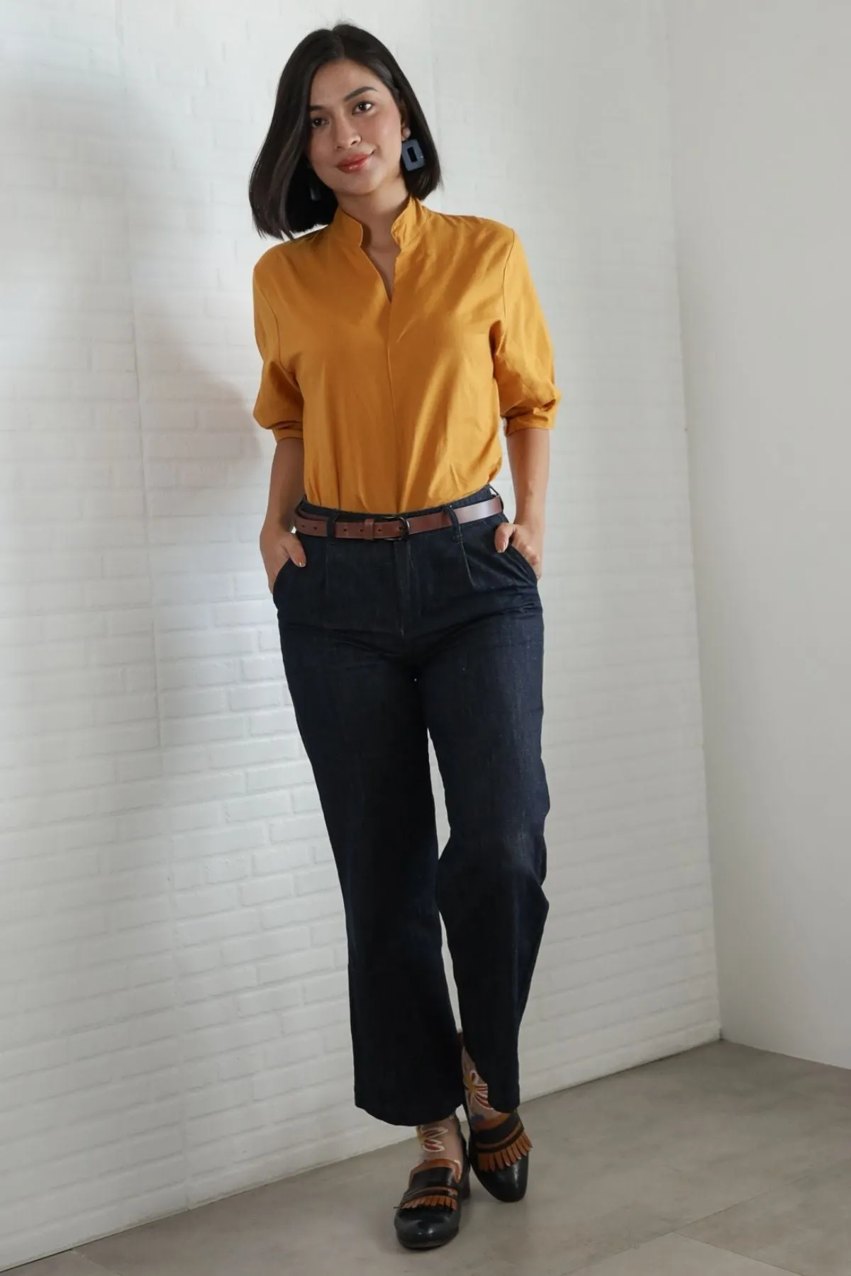 TAYLOR Relaxed Mandarin Collar Top (Saffron Yellow)