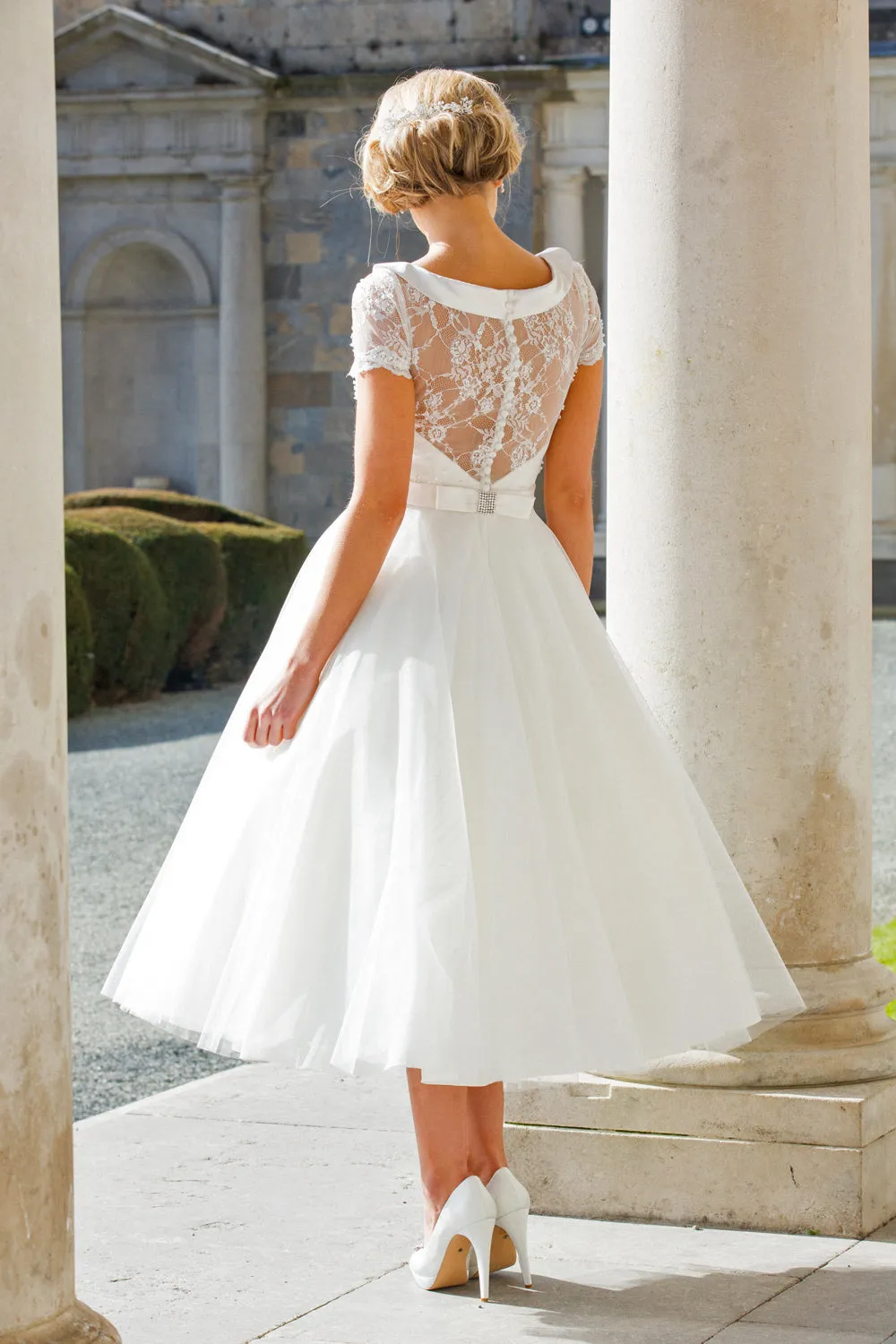Tea-Length A-Line Cap Sleeve Beaded Bateau Neck Tulle Wedding Dress-MK_705906